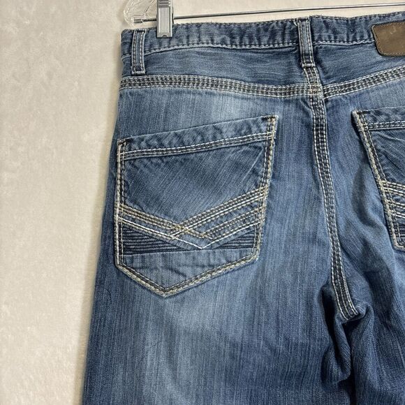 BKE Jeans 32R Tyler Straight Leg Buckle Thick Stitch Stretch Whiskering Fade - Picture 10 of 15